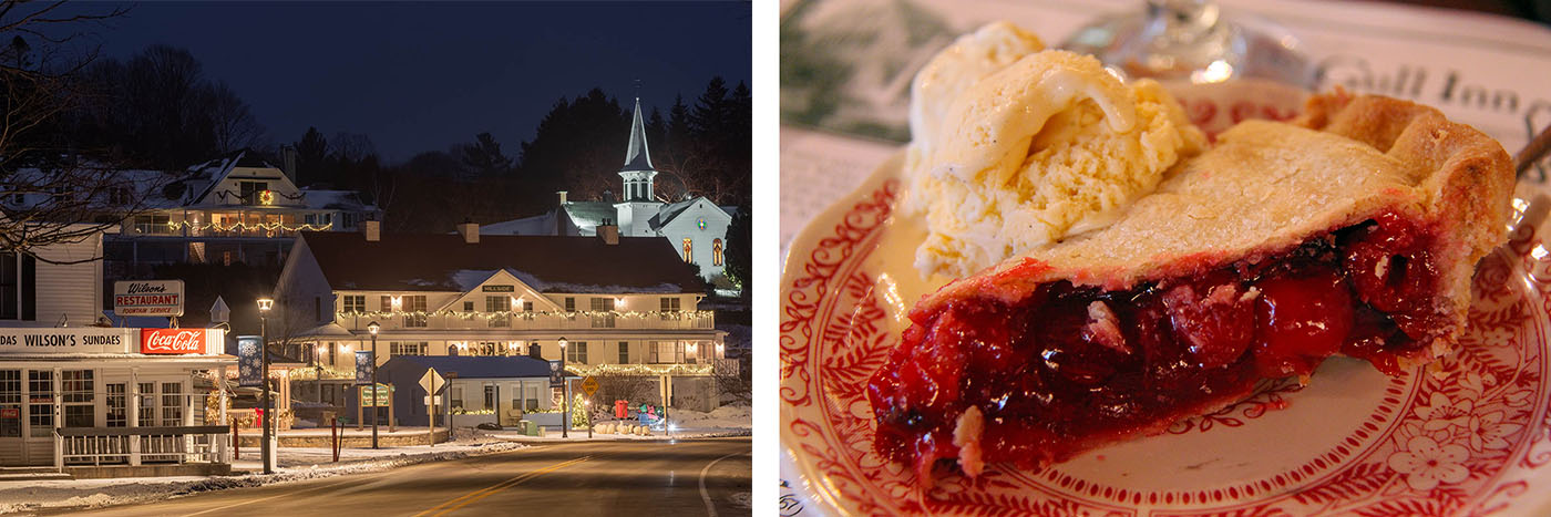 Door County_Ephraim lights at night by Dan Eggert_Cherry Pie ala mode at White Gull Inn Fish Boil 2_Destination Door County
