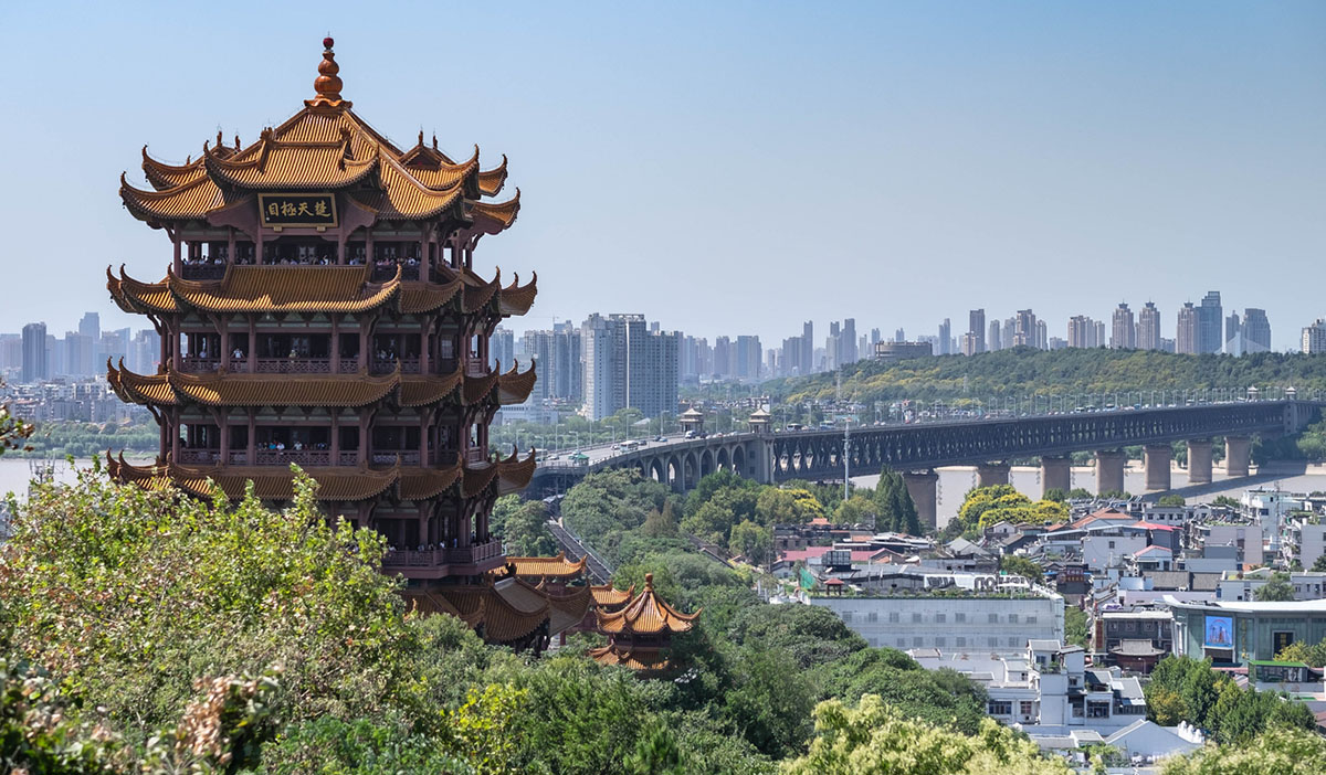 Panorama View from The Yellow crane tower. the bridge is across a Yangtze River.